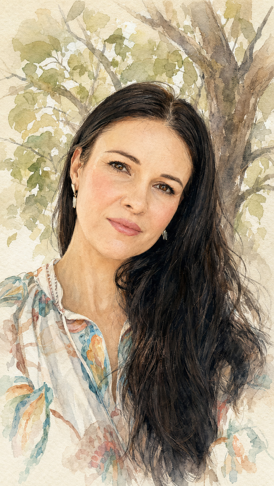 Woman smiling beneath a leafy tree as a watercolour painting