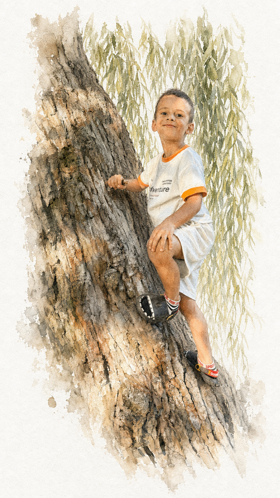 Boy climbing a willow tree as a watercolour painting