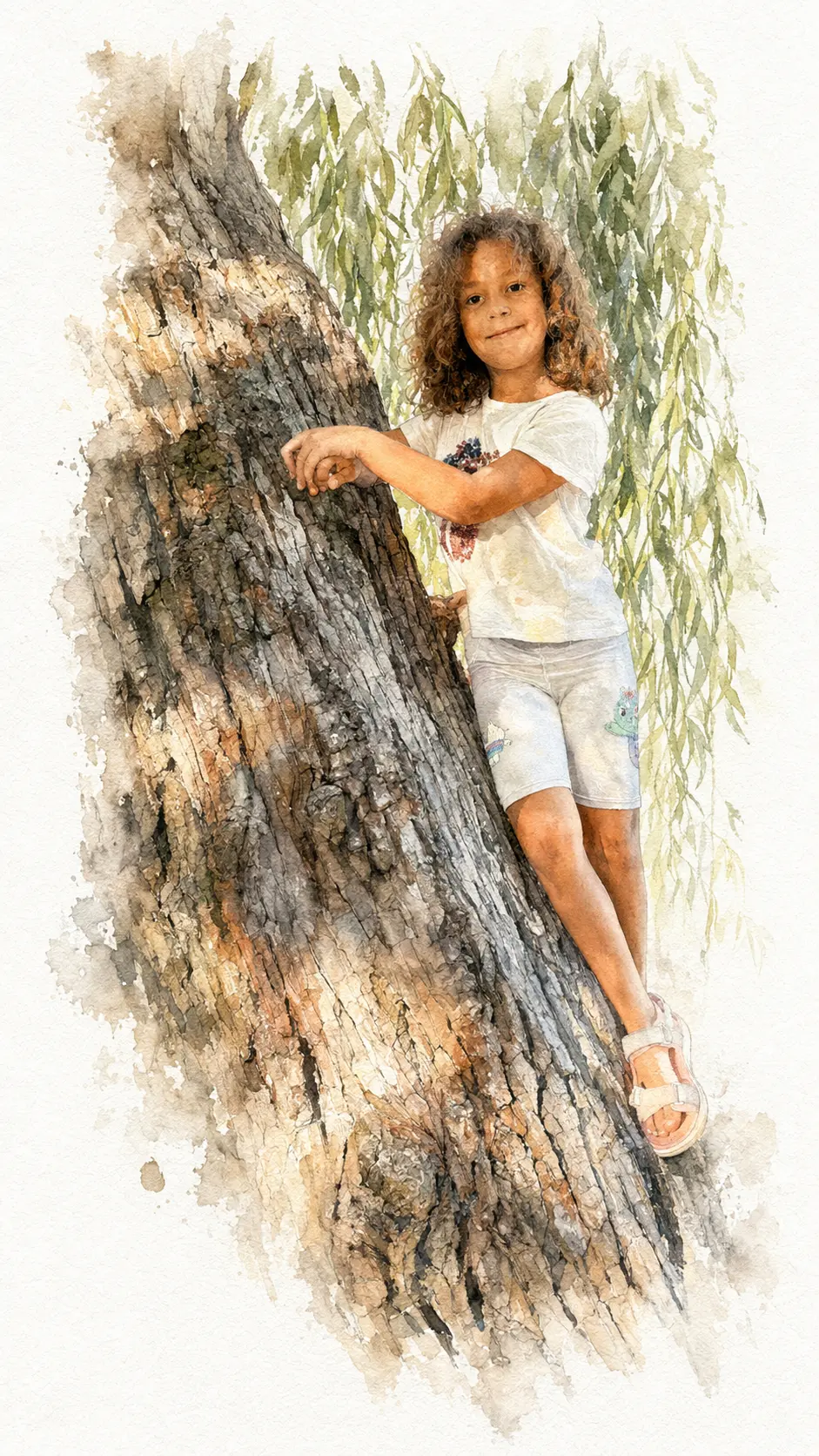 Girl climbing a willow tree as a watercolor painting